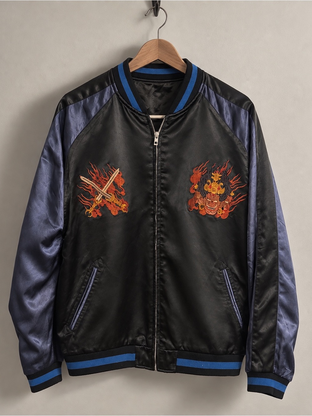 Embroidered Satin Bomber Jacket - Black & Blue